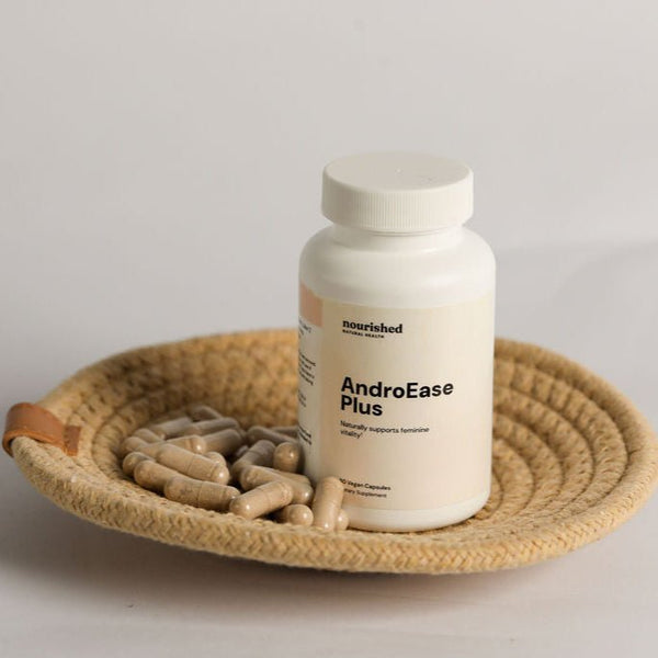AndroEase Plus supplement bottle with natural ingredients